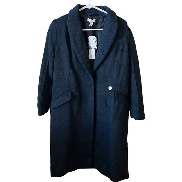 NEW TOPSHOP Manhattan Long Belted Wool Blend Coat Navy Front Size 6 - Picture 2 of 12